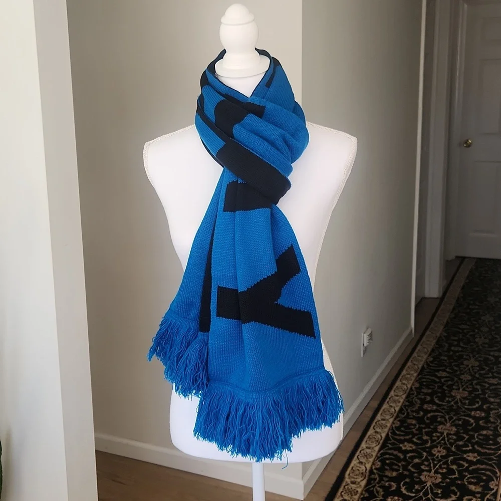 DKNY Womens BOLD Logo Fringe Scarf Wrap Black Blue One Size - Picture 6 of 12